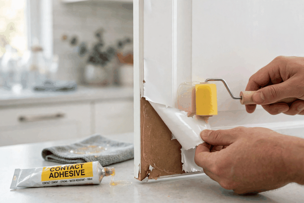 Repairing peeling MDF vinyl kitchen cabinet door with contact adhesive and roller