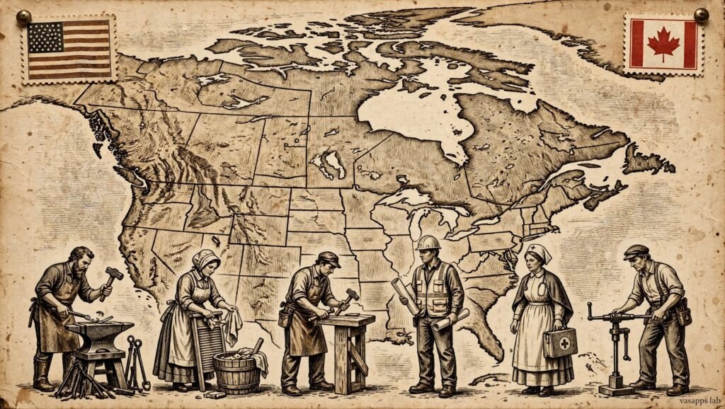 Labour Day Canada and US history vintage map showing workers from 1872 Nine-Hour Movement Toronto printers strike to modern construction and healthcare workers with US and Canada flags